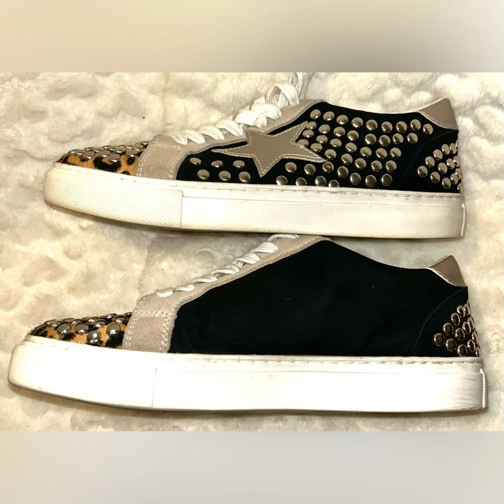 Steve Madden Turner Leather Black and Leopard Studded Sneakers women’s size 7.5 - Picture 8 of 11